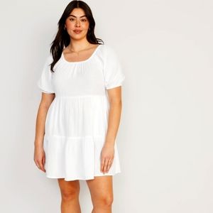 NWT White Cotton Puff-Sleeve Tiered Mini Swing Summer Dress for Women